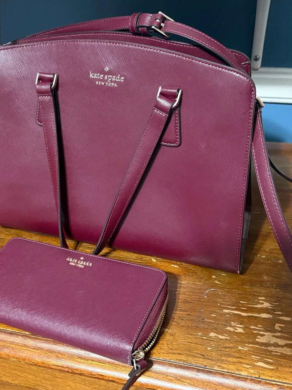 kate spade Mulberry Saffiano Dome Satchel with Matching Wallet - Plum